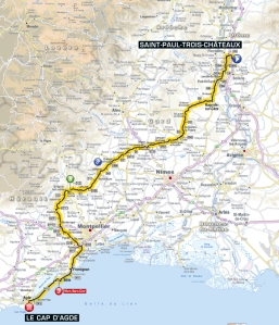 Route map for Stage 13 from Saint-Paul-Trois-Châteaux to Le Cap d'Agde